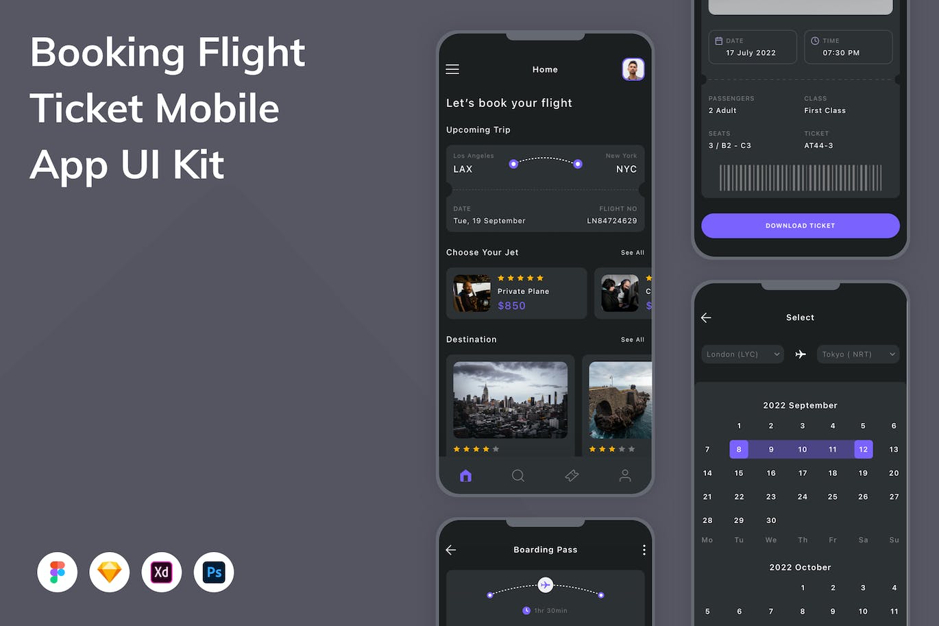 预订机票移动应用UI设计套件 Booking Flight Ticket Mobile App UI Kit