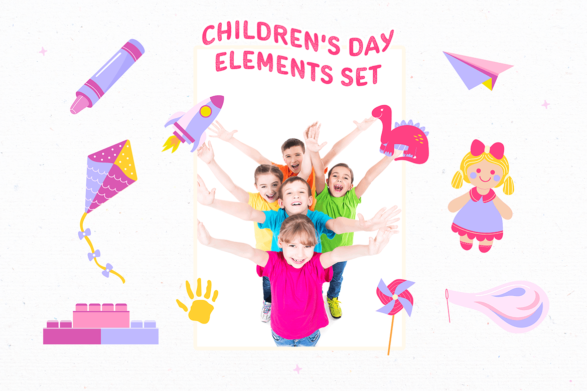 小粉红儿童节元素插画套装 Pinky children&#8217;s day elements set