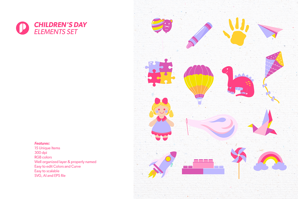 小粉红儿童节元素插画套装 Pinky children&#8217;s day elements set