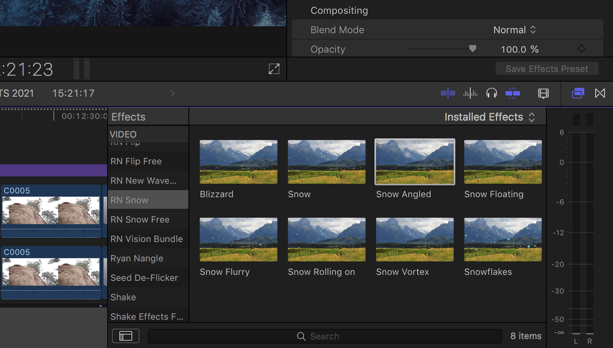 FCPX插件：8种冬季大雪纷飞雪粒子雪景特效预设插件 Ryan Nangle – Snow Particle Effects Pack – Final Cut Pro（9178） -