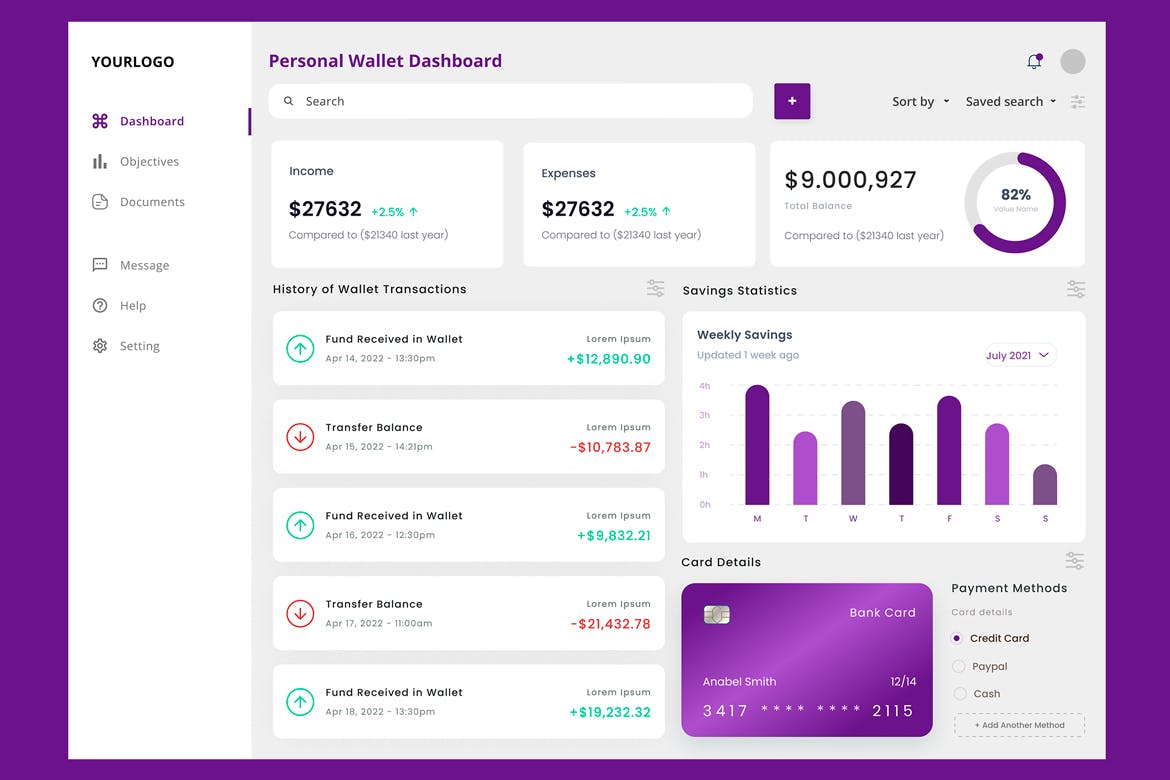 个人钱包和资金管理仪表盘UI模板 Personal Wallet &amp; Money Management Dashboard UI