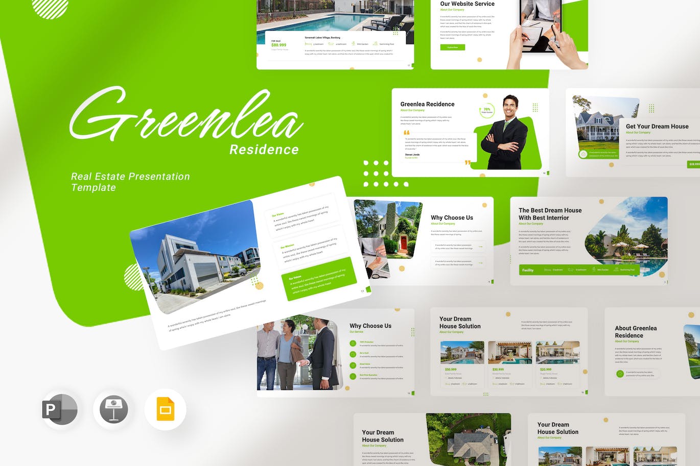 物业房地产营销Google幻灯片模板 Greenlea Residence Template Google Slide