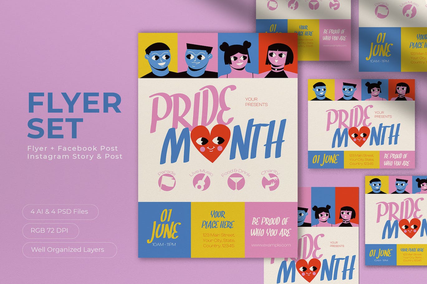 粉彩平面设计骄傲月宣传单模板 Pastel Flat Design Pride Month Flyer Set