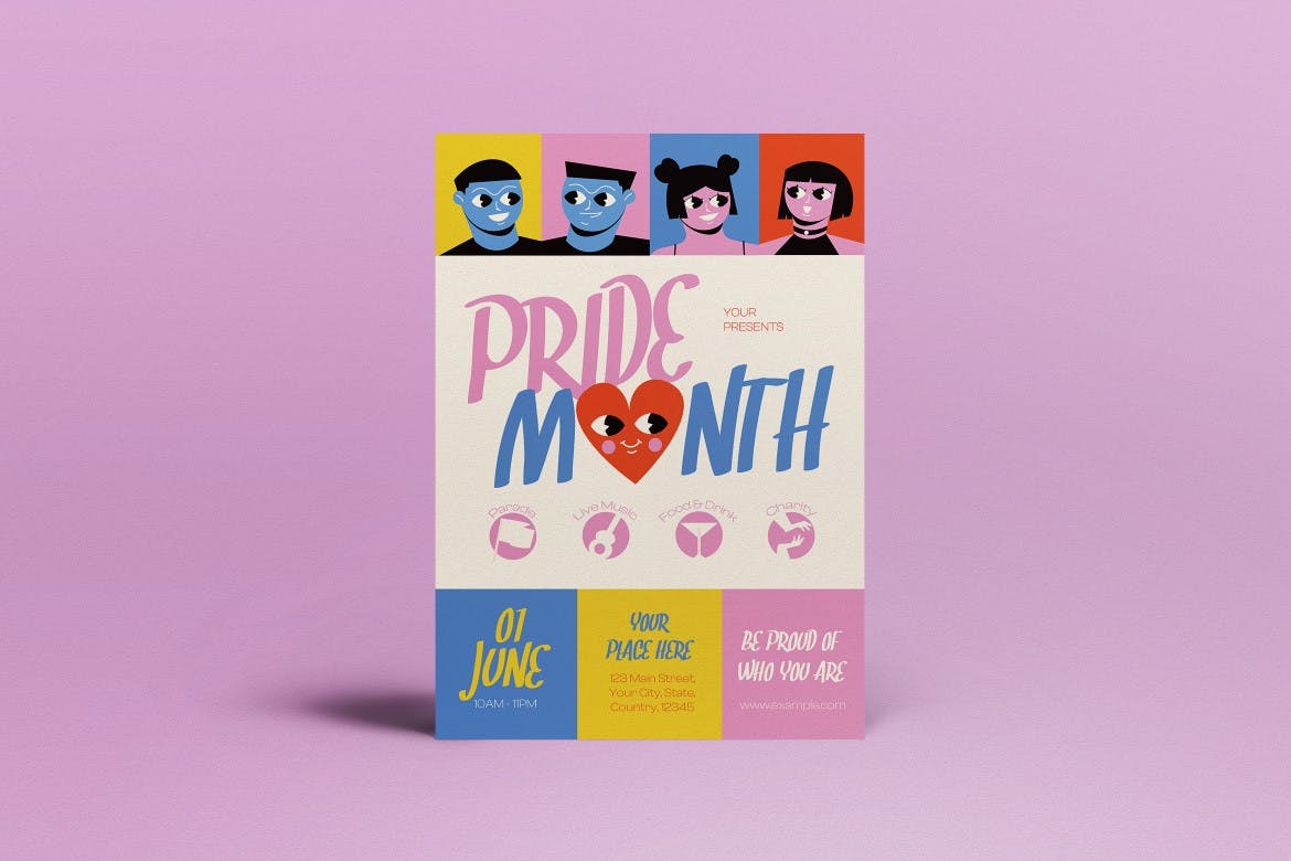 粉彩平面设计骄傲月宣传单模板 Pastel Flat Design Pride Month Flyer Set