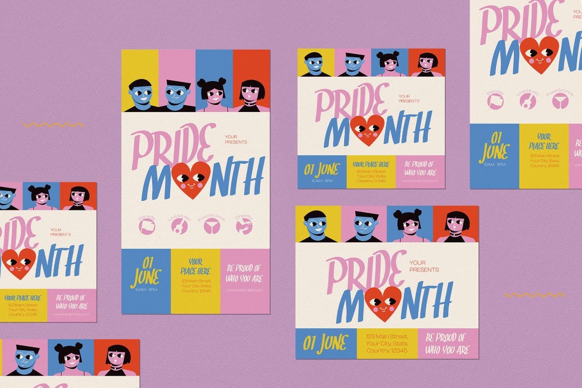 粉彩平面设计骄傲月宣传单模板 Pastel Flat Design Pride Month Flyer Set