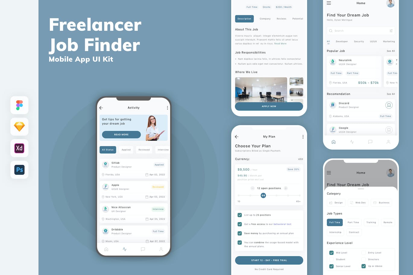 自由职业者和工作寻找者移动应用UI工具包 Freelancer &amp; Job Finder Mobile App UI Kit