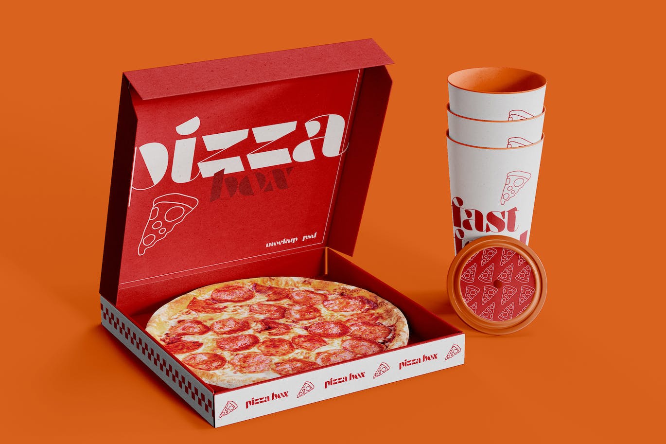 披萨盒与纸杯品牌设计样机图 Pizza Box with Cardboard Cup Mockup