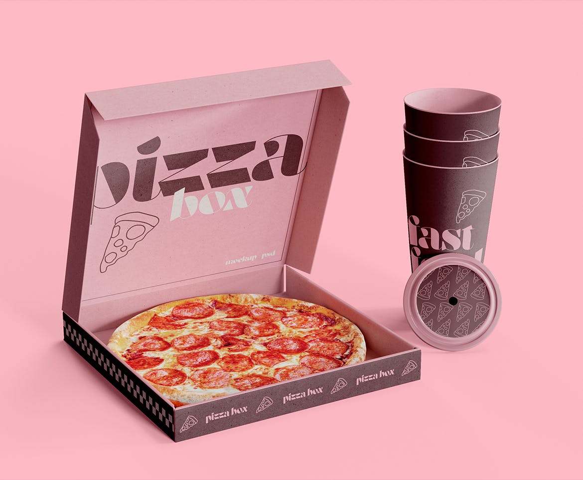 披萨盒与纸杯品牌设计样机图 Pizza Box with Cardboard Cup Mockup