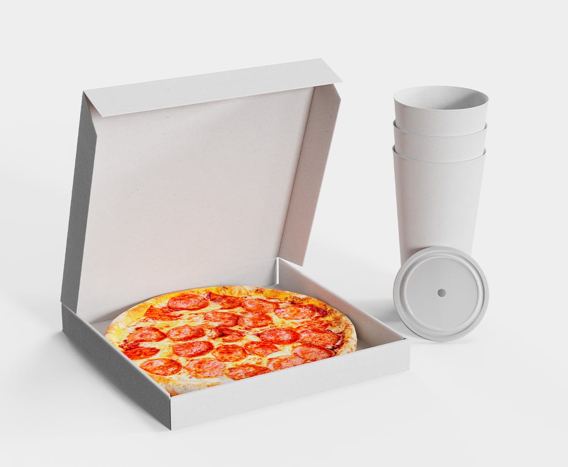 披萨盒与纸杯品牌设计样机图 Pizza Box with Cardboard Cup Mockup