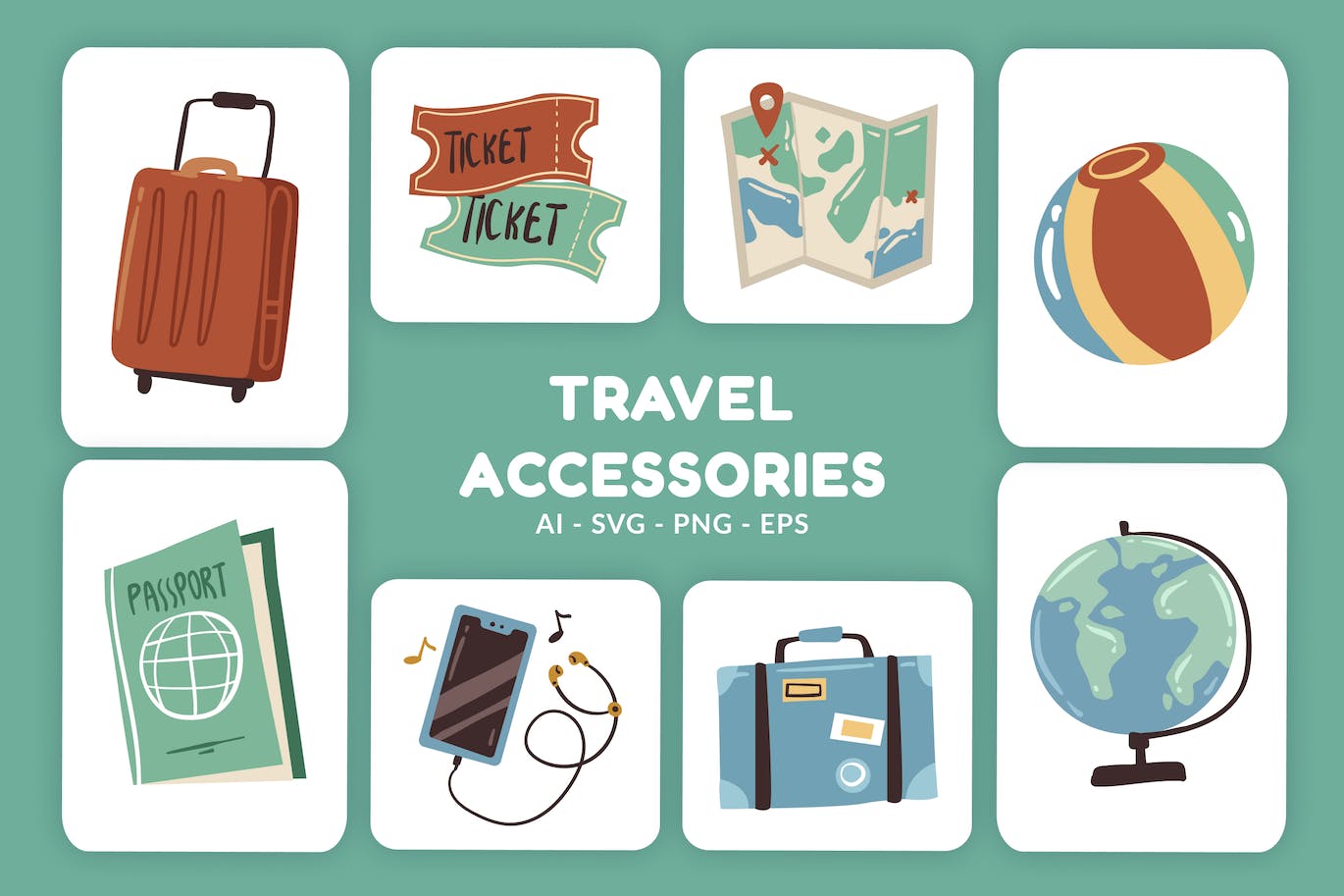 旅行配件矢量插画v1 Travel Accessories Vector Illustration