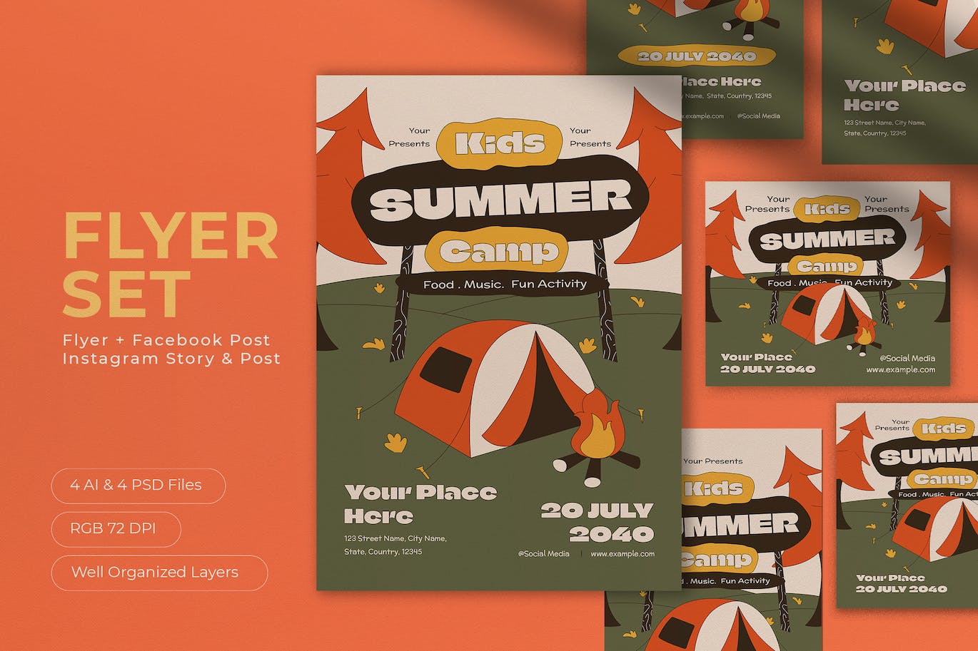 扁平设计儿童夏令营宣传单设计 Cream Flat Design Kids Summer Camp Flyer Set