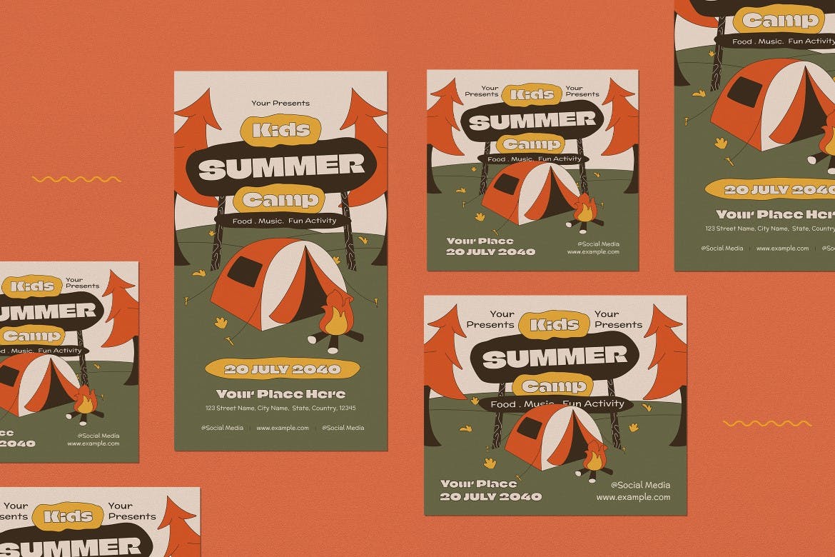 扁平设计儿童夏令营宣传单设计 Cream Flat Design Kids Summer Camp Flyer Set