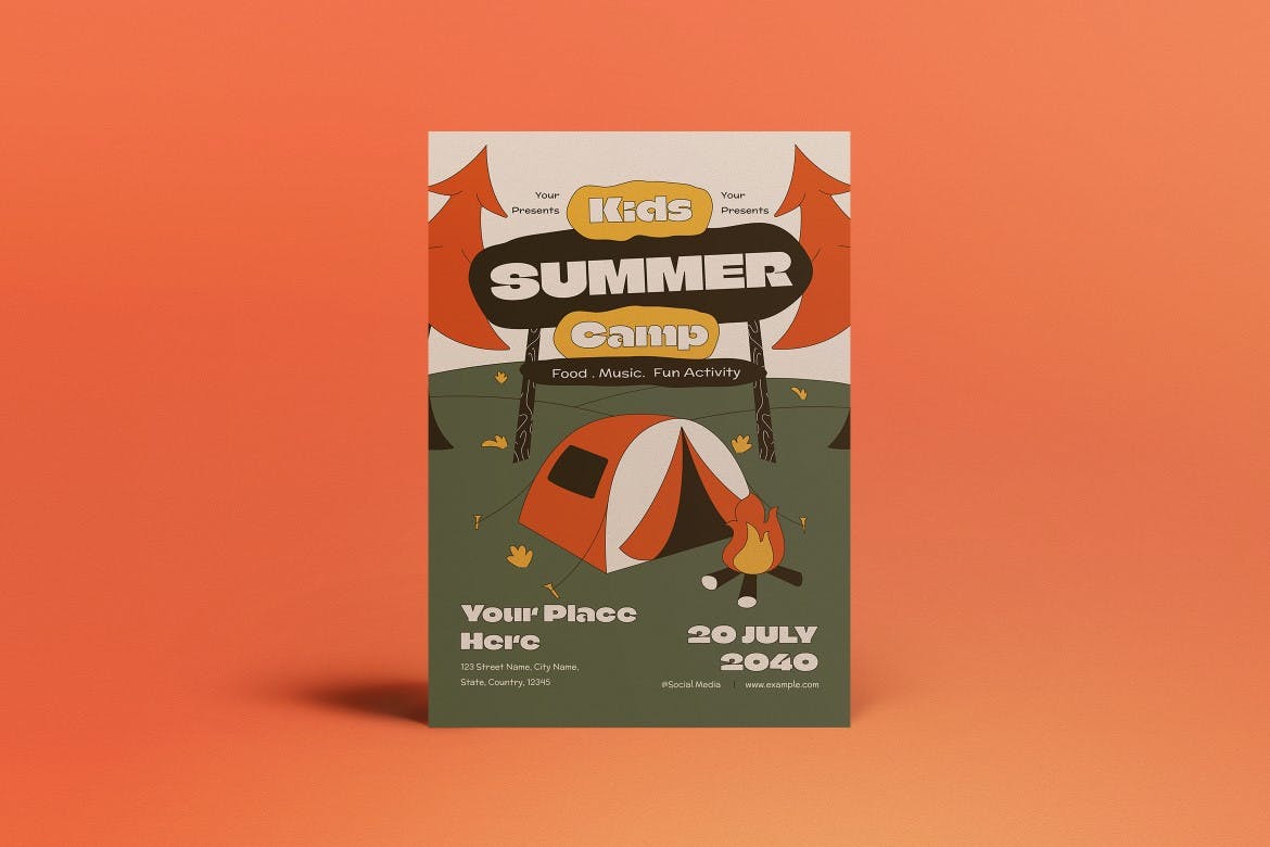 扁平设计儿童夏令营宣传单设计 Cream Flat Design Kids Summer Camp Flyer Set