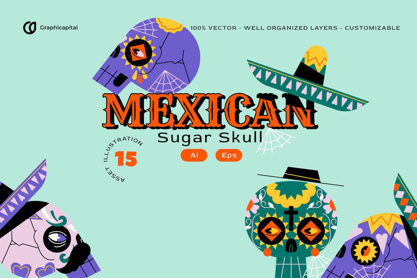 扁平设计骷髅头墨西哥矢量插画集 Pink Flat Design Skull Mexican Illustration Set