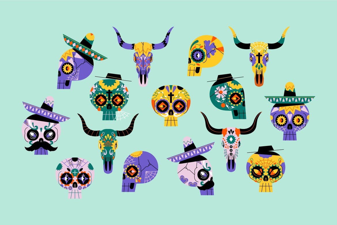 扁平设计骷髅头墨西哥矢量插画集 Pink Flat Design Skull Mexican Illustration Set