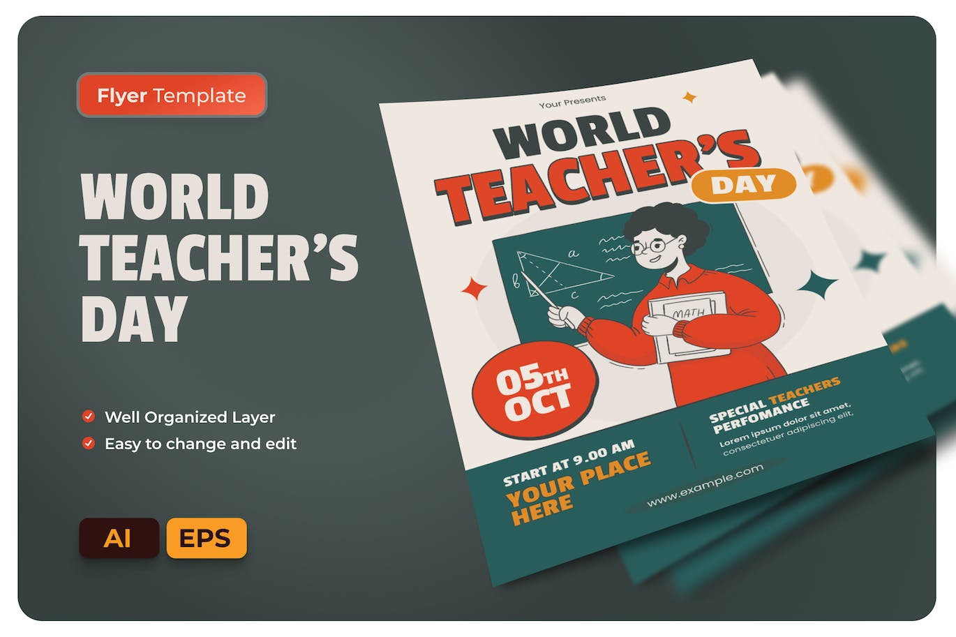 世界教师节传单AI和EPS模板下载  World Teacher&#8217;s Day Flyer AI &amp; EPS Template