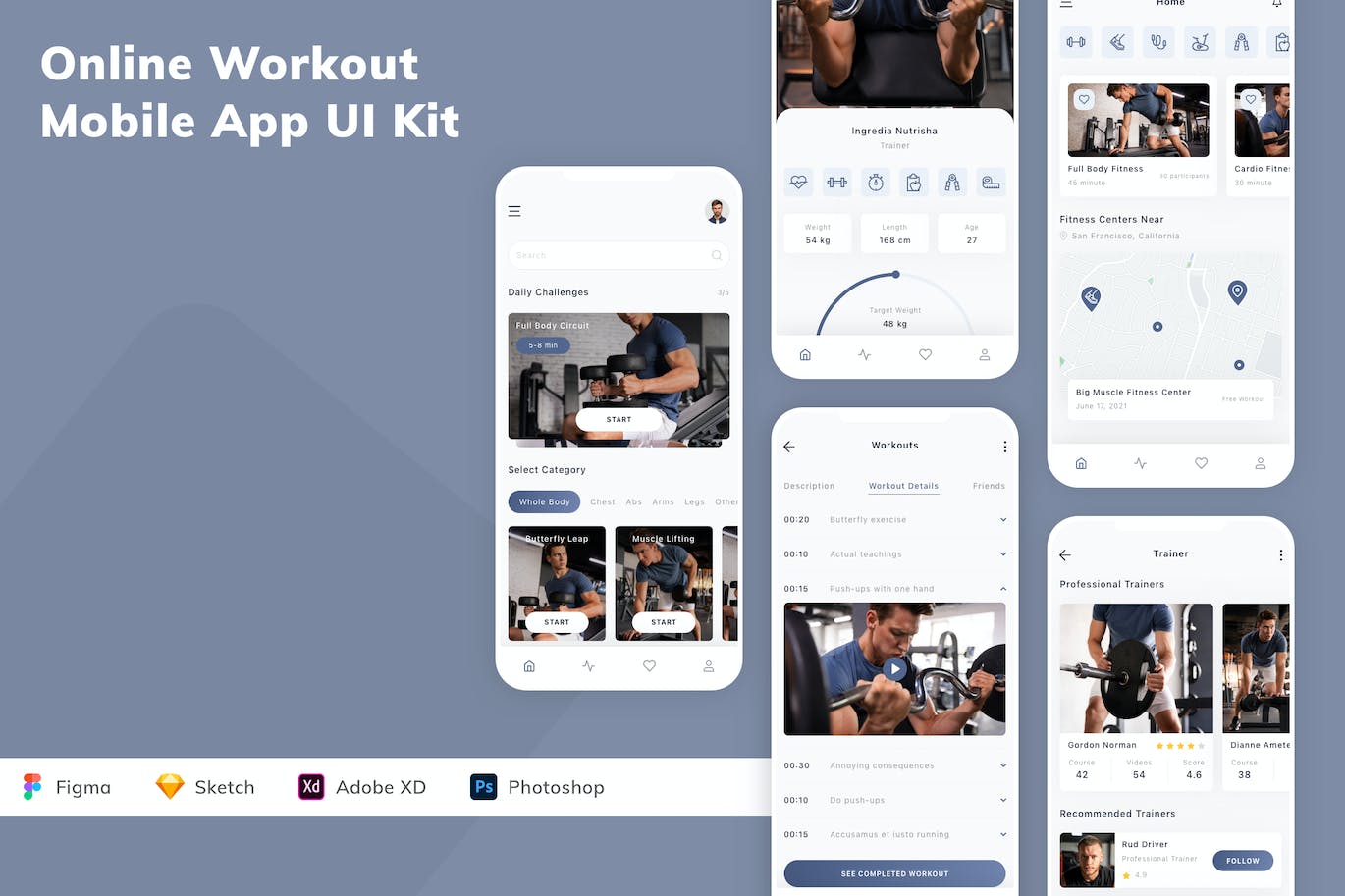 在线锻炼移动应用程序设计套件 Online Workout Mobile App UI Kit