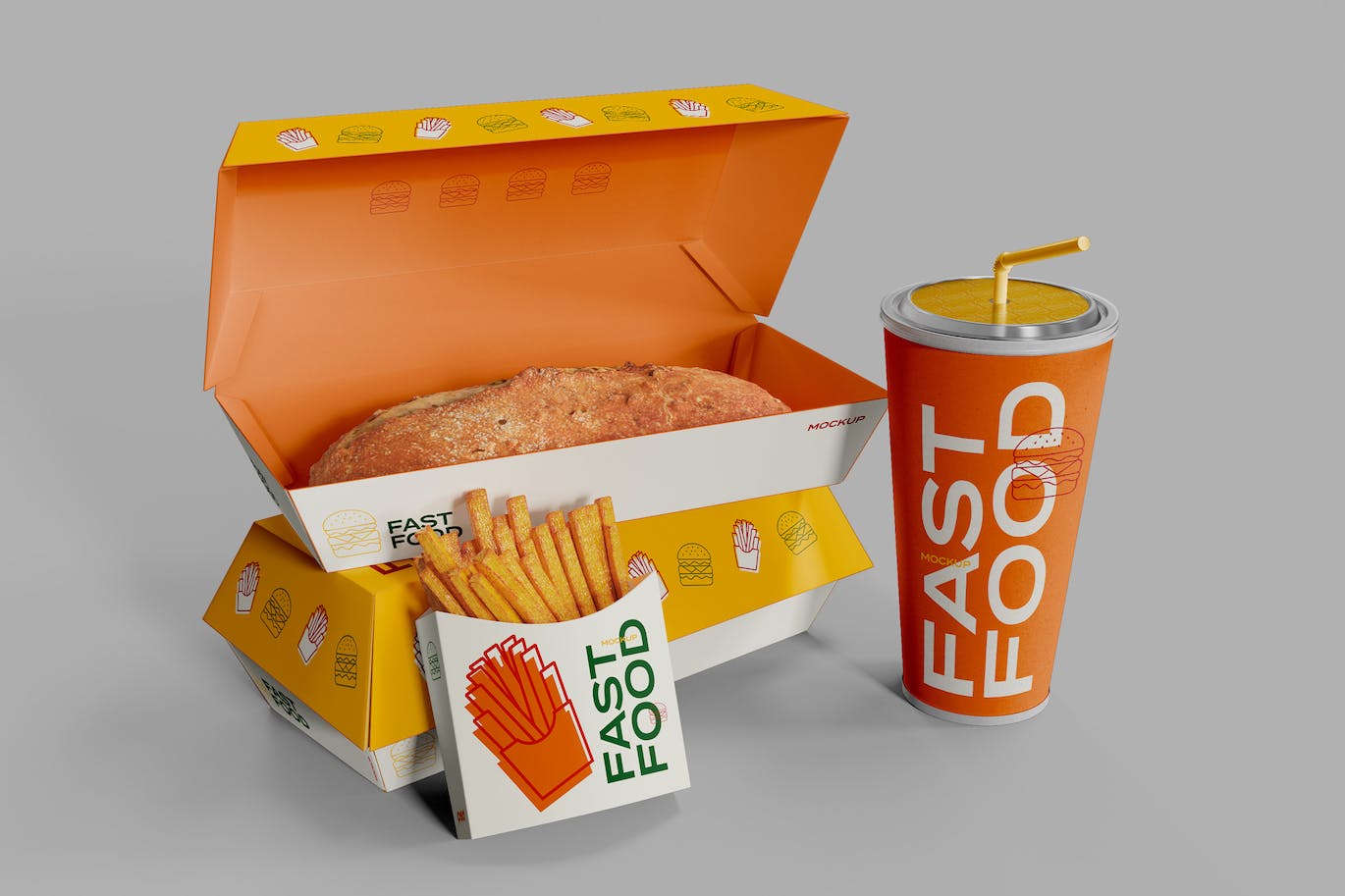 快餐食品包装展示样机图 Fast Food Box Set Mockup