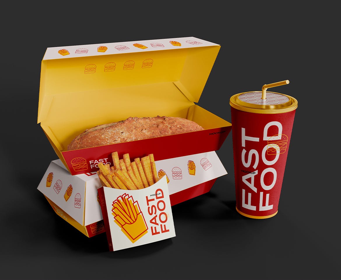 快餐食品包装展示样机图 Fast Food Box Set Mockup