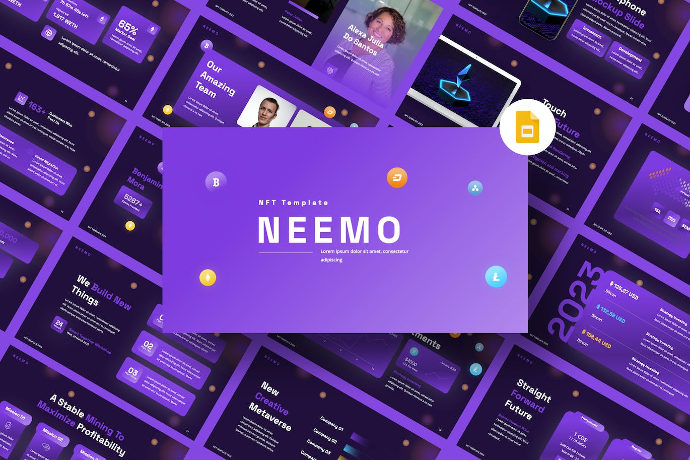 未来主义NFT谷歌幻灯片设计模板 Neemo Futuristic NFT Google Slides Template