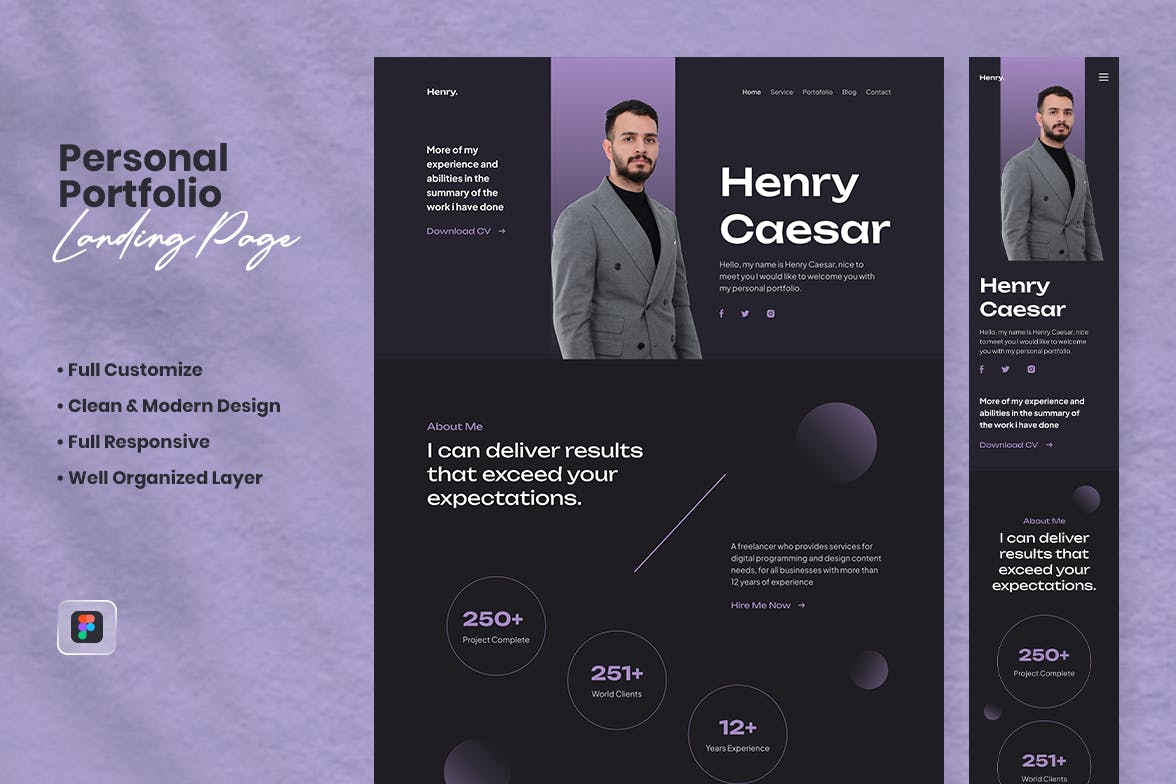 个人作品集网站着陆页设计模板 Personal Portfolio Landing Page &#8211; Henry