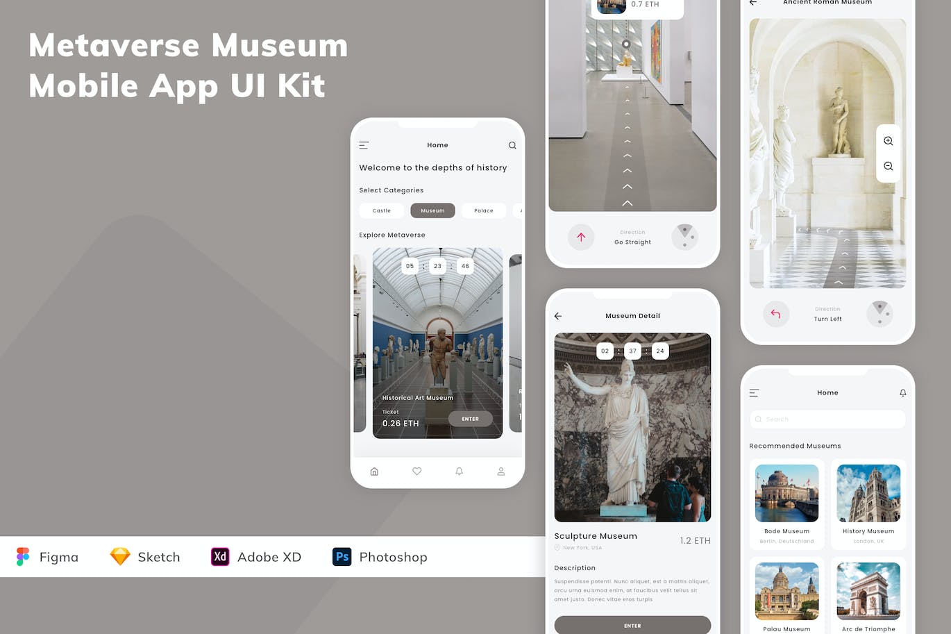 元宇宙虚拟博物馆移动应用程序界面UI套件 Metaverse Museum Mobile App UI Kit