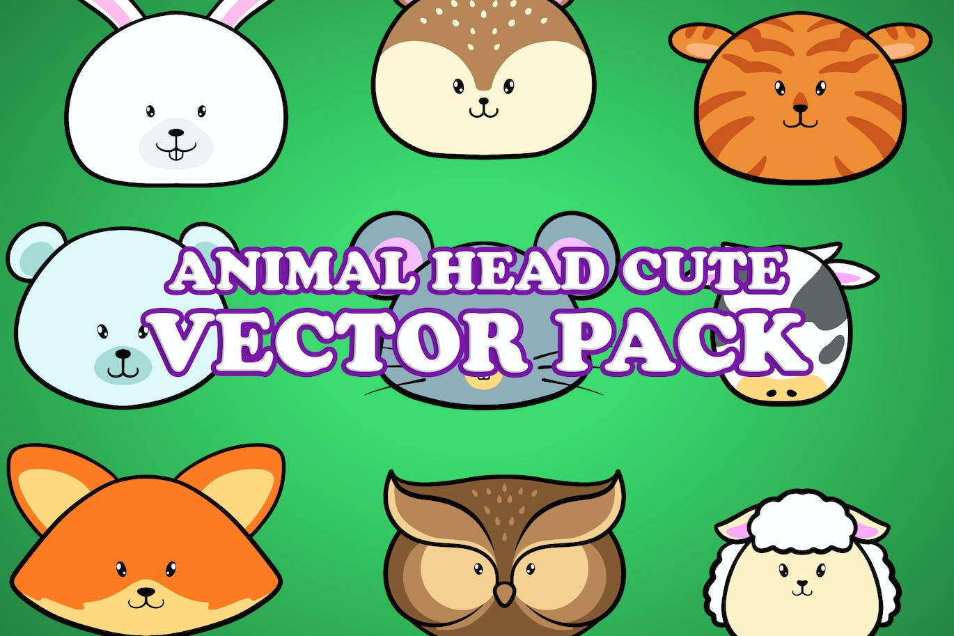 可爱的动物头像插画矢量包 Cute Animal Head Illustration Vector Pack