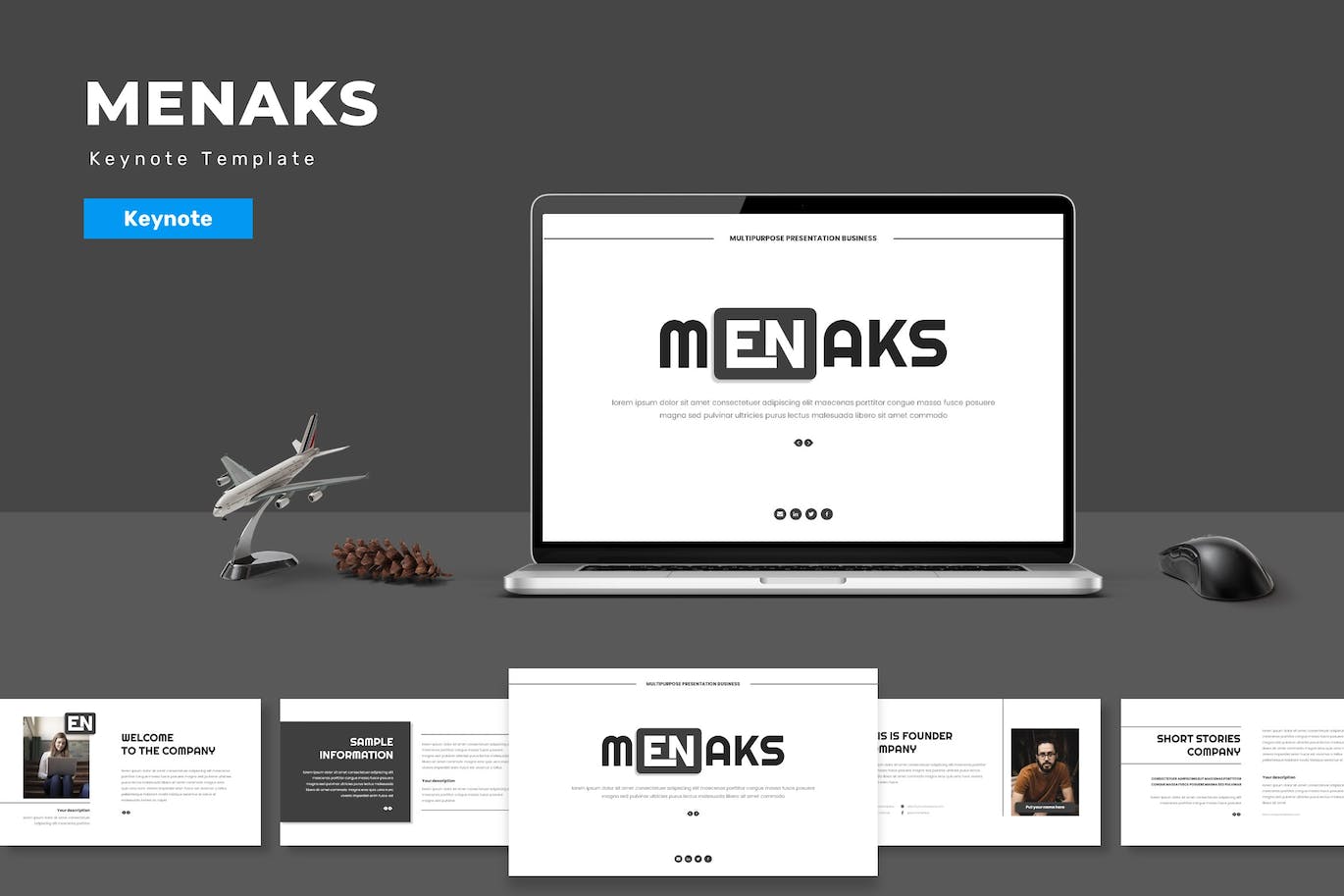 黑白排版设计Keynote幻灯片演示文稿模板 Menaks &#8211; Multipurpose Keynote Template