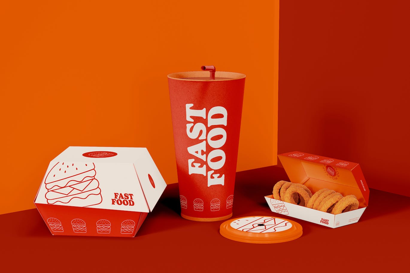 西式快餐盒装包装设计样机图 Fast Food Box Set Mockup