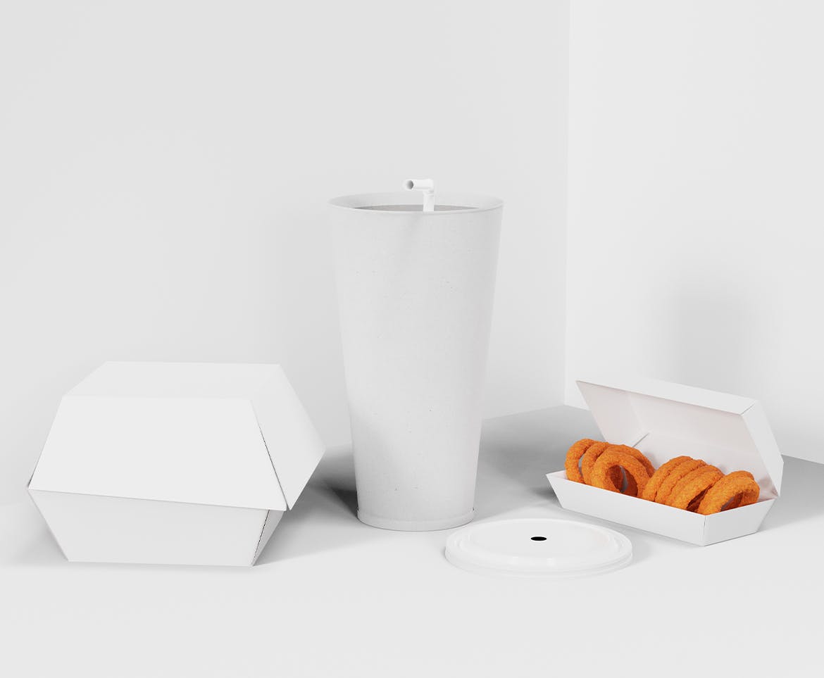 西式快餐盒装包装设计样机图 Fast Food Box Set Mockup