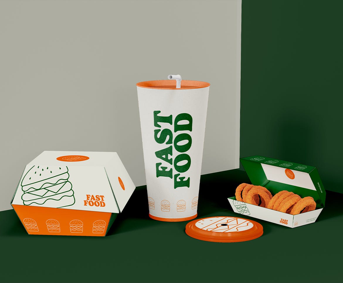 西式快餐盒装包装设计样机图 Fast Food Box Set Mockup