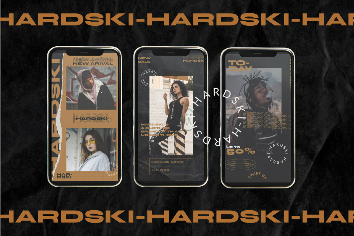 黑金暗色撕纸错版竖屏社交文字PSD模板 Hardski &#8211; Instagram Template