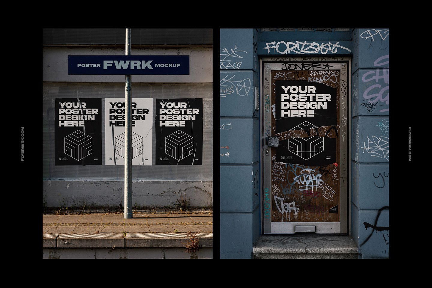 Flyerwrk 潮流4K城市竖屏海报墙模型PSD海报样机模板 Urban Poster Wall Mockups