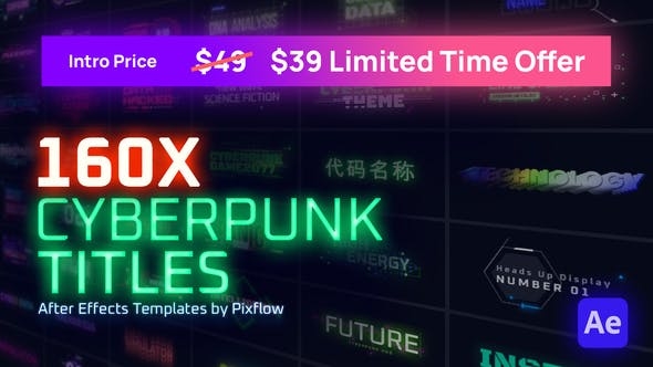 AE+PR插件：赛博朋克电影未来派发光标题高科技介绍工具包 cyberpunk-titles-lowerthirds-and-backgrounds