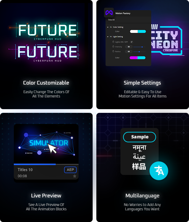 AE+PR插件：赛博朋克电影未来派发光标题高科技介绍工具包 cyberpunk-titles-lowerthirds-and-backgrounds