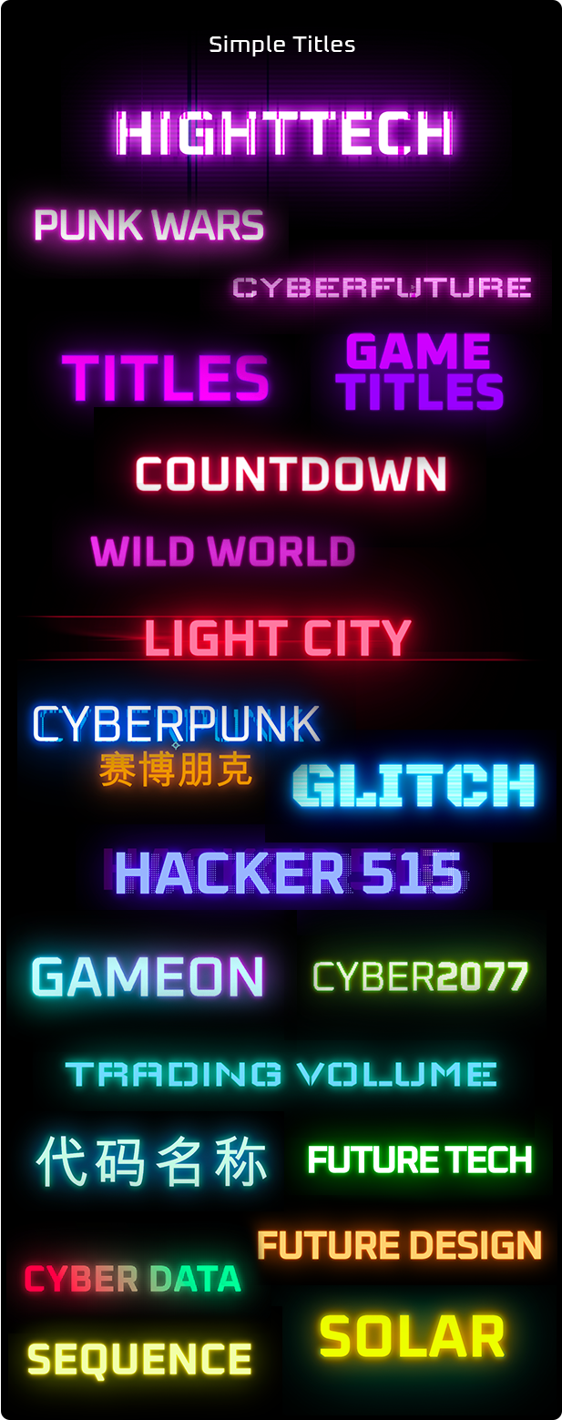 AE+PR插件：赛博朋克电影未来派发光标题高科技介绍工具包 cyberpunk-titles-lowerthirds-and-backgrounds