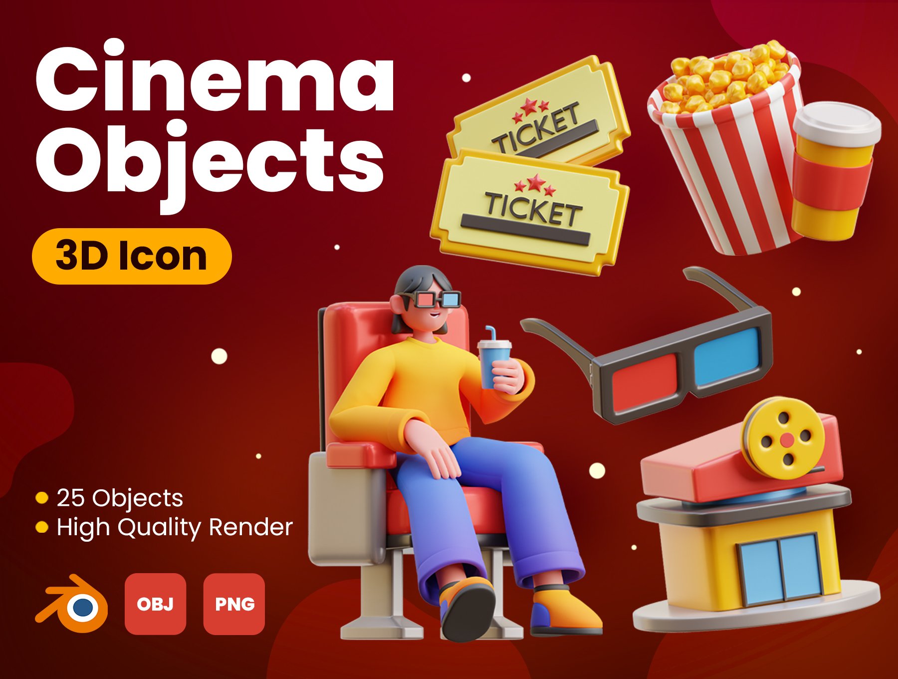 高质量三维渲染影音播放电影院主题3D插画图标素材合辑 Cinema 3D Icons