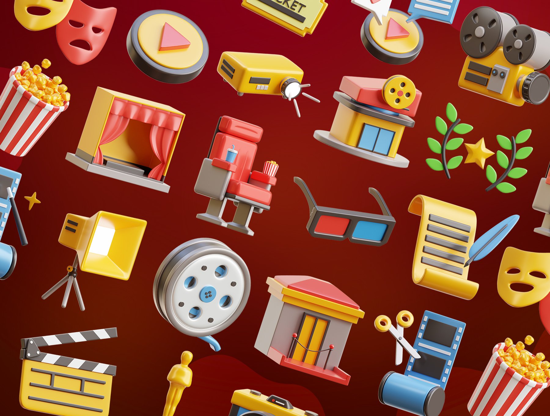 高质量三维渲染影音播放电影院主题3D插画图标素材合辑 Cinema 3D Icons