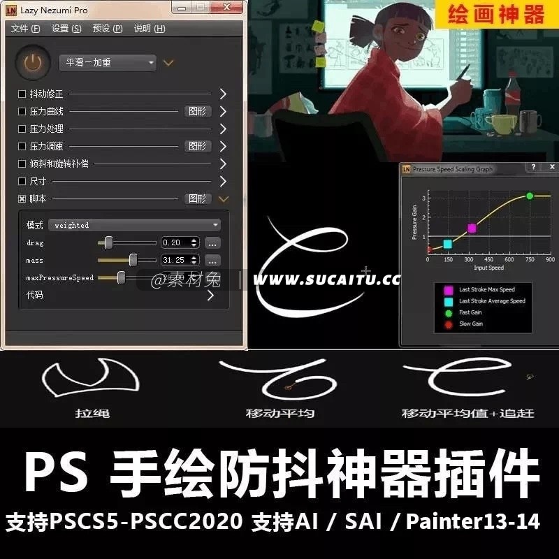 PS插件：PS绘画利器 2023笔刷平滑防抖透视 lazy nezumi pro 中文汉化插件