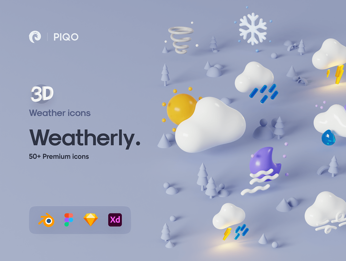 50多个3D高分辨率原始风格和粘土风格完美天气图标包 Weatherly 3D icons &#8211; 50+ Weather icons