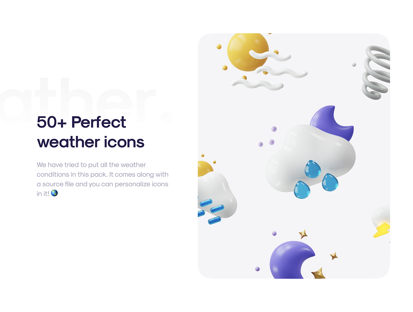 50多个3D高分辨率原始风格和粘土风格完美天气图标包 Weatherly 3D icons &#8211; 50+ Weather icons