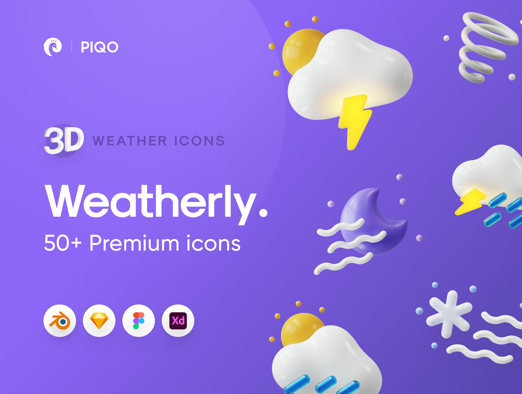 50多个3D高分辨率原始风格和粘土风格完美天气图标包 Weatherly 3D icons &#8211; 50+ Weather icons