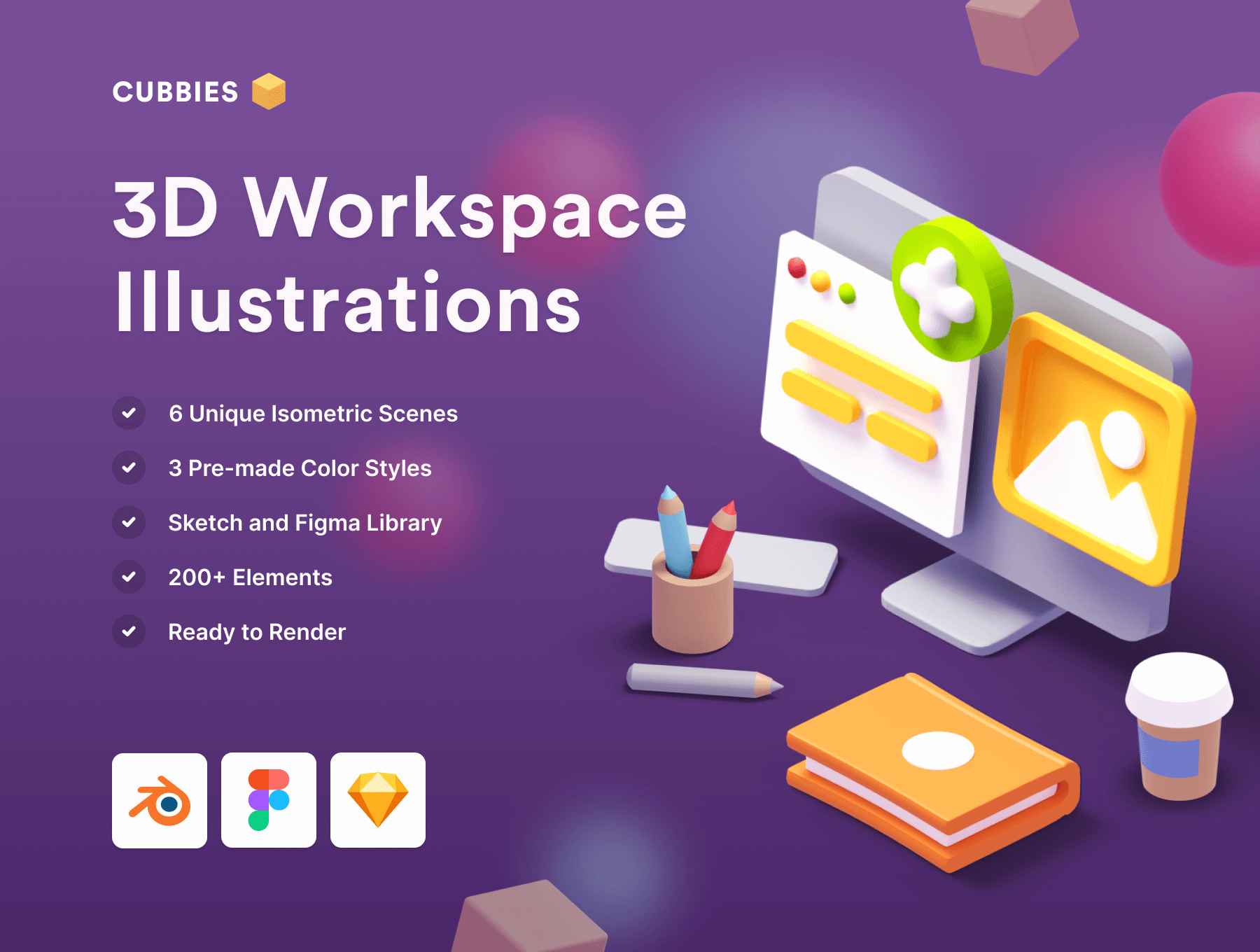 200多个3D独特预制色彩工作区等距场景包 Cubbies 3D Workspace Illustrations