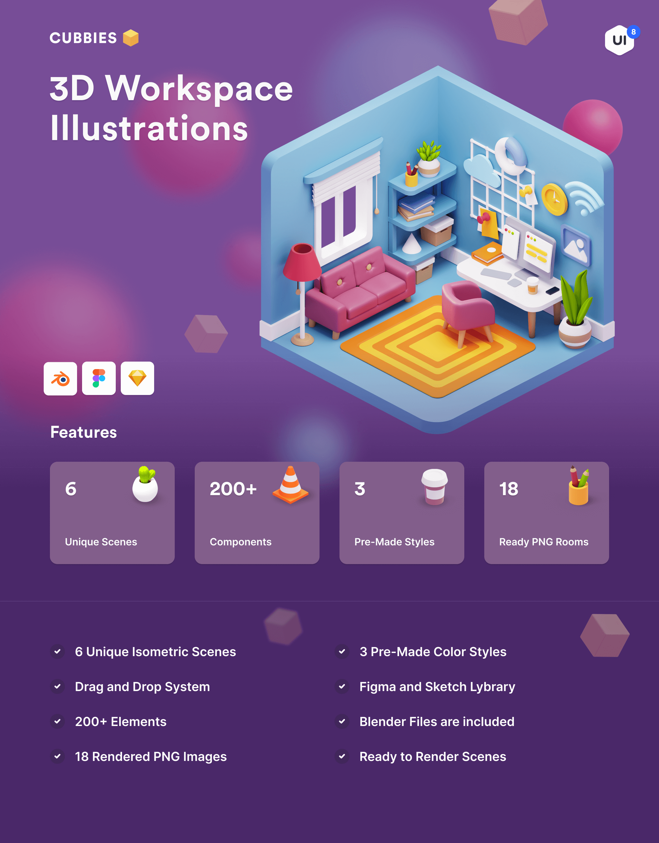 200多个3D独特预制色彩工作区等距场景包 Cubbies 3D Workspace Illustrations