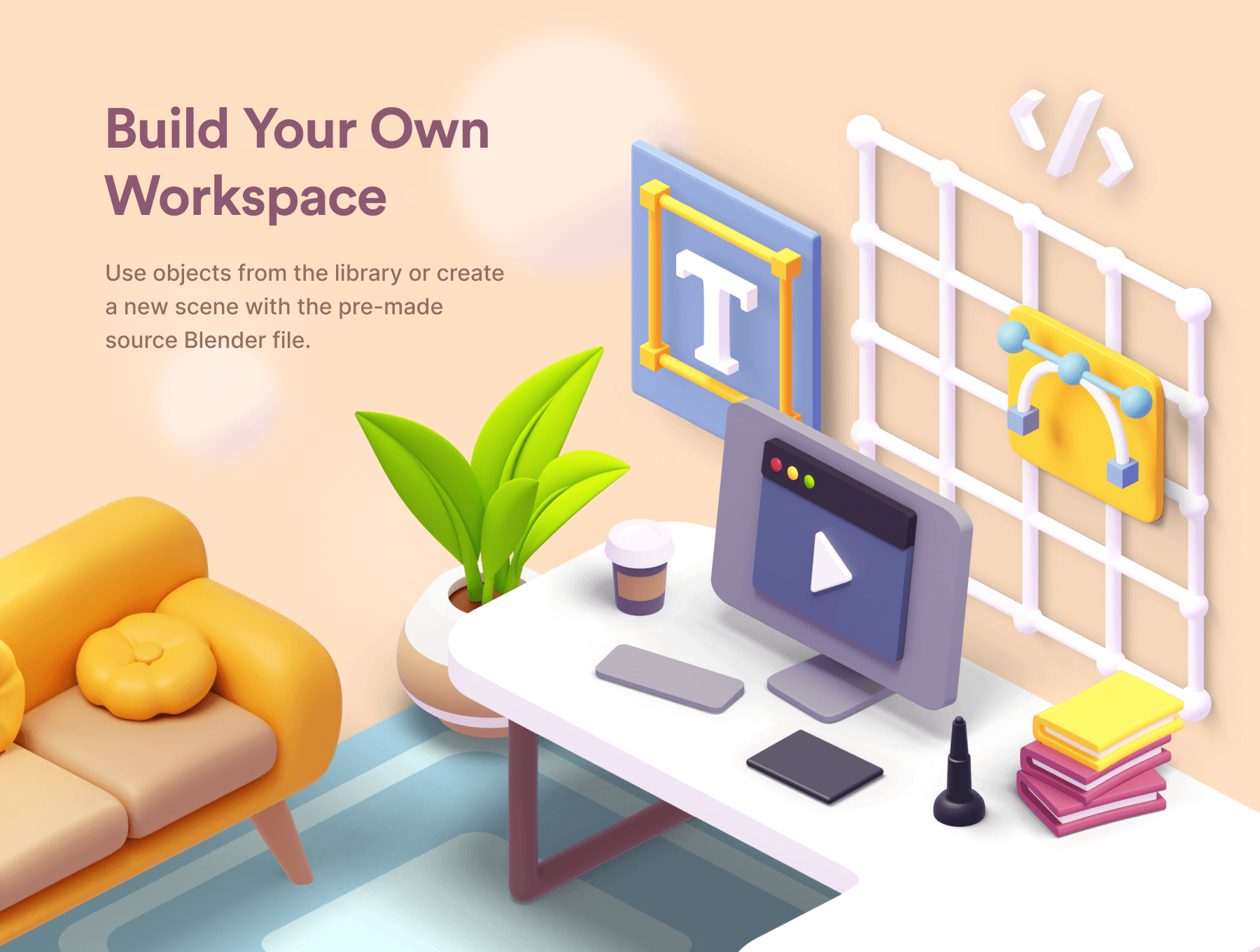 200多个3D独特预制色彩工作区等距场景包 Cubbies 3D Workspace Illustrations