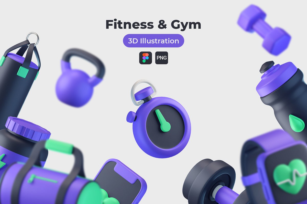 高质量三维渲染健身房健身器材3D插画图标素材合辑 Fitness and Gym 3D Icons