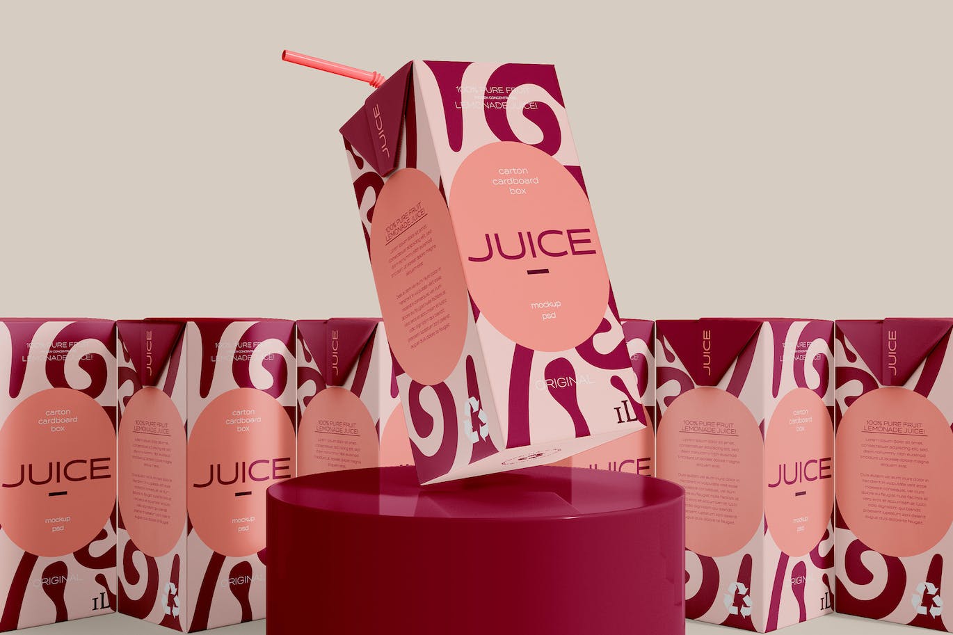 带吸管的果汁盒产品包装设计样机图psd模板 Juice Box with Straw Mockup