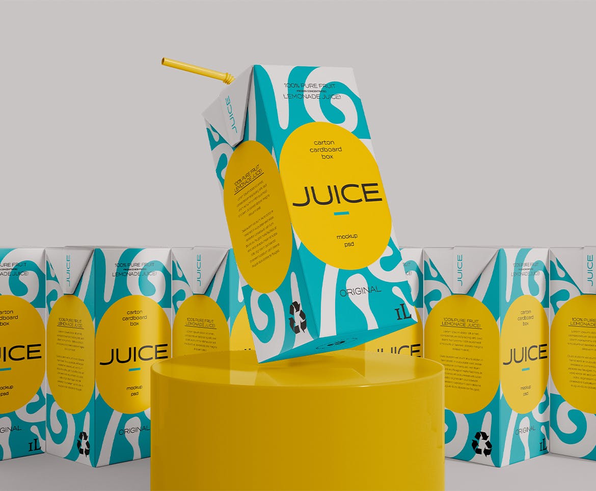 带吸管的果汁盒产品包装设计样机图psd模板 Juice Box with Straw Mockup