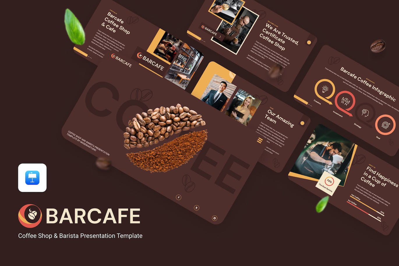 咖啡店和咖啡师Keynote幻灯片演示文稿模板 BARCAFE &#8211; COFFEE SHOP &amp; BARISTA Keynote Template