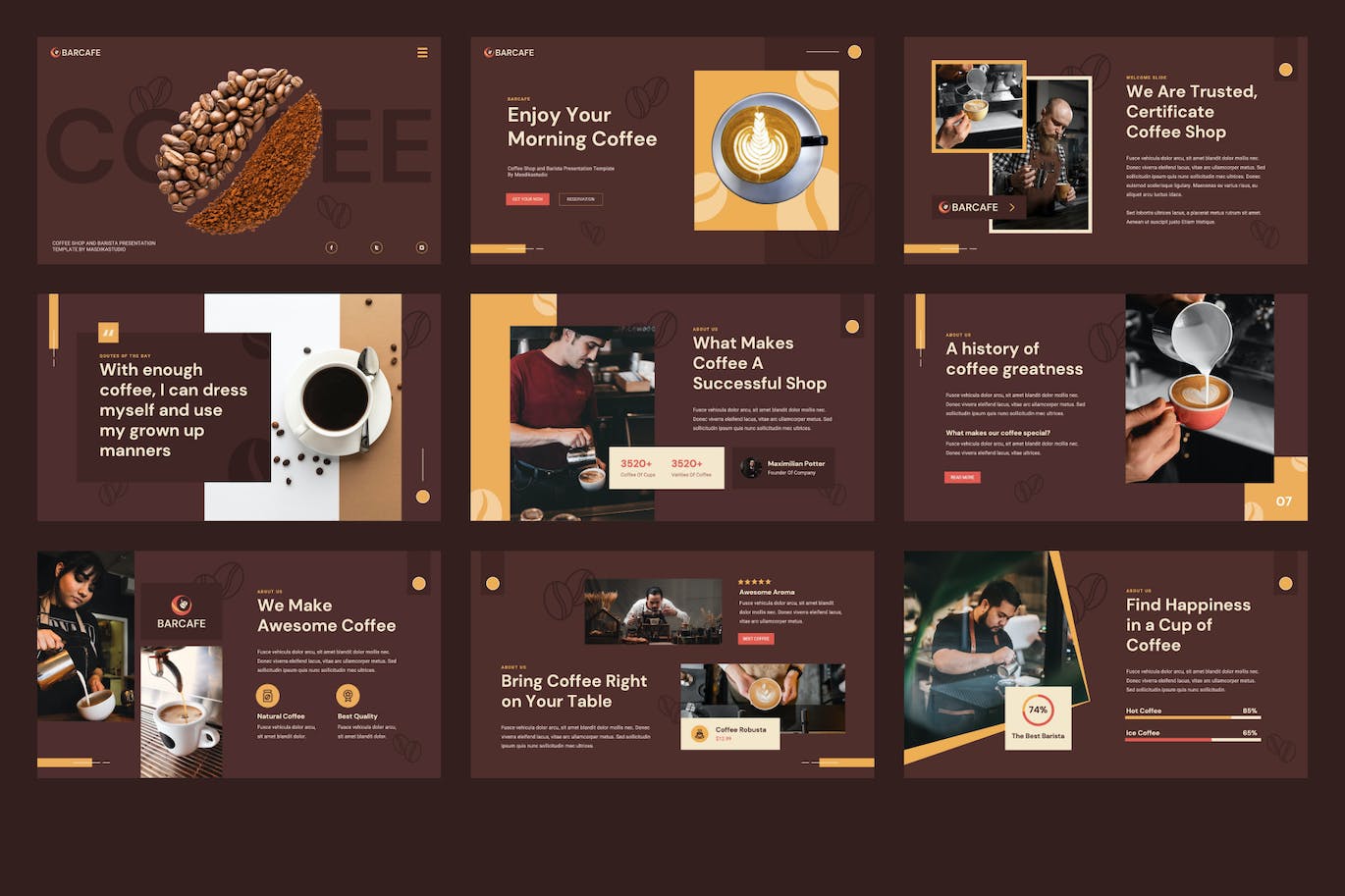 咖啡店和咖啡师Keynote幻灯片演示文稿模板 BARCAFE &#8211; COFFEE SHOP &amp; BARISTA Keynote Template